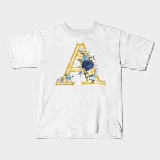 Monogram Letter A In Metallic Gold With Aesthetic Blue Flowers Botany Kids T-Shirt